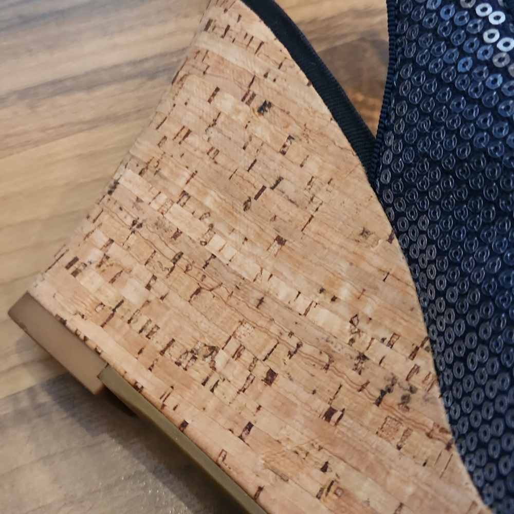 Sperry Navy Sequin Slingback Cork Wedges with Bow - Picture 10 of 12